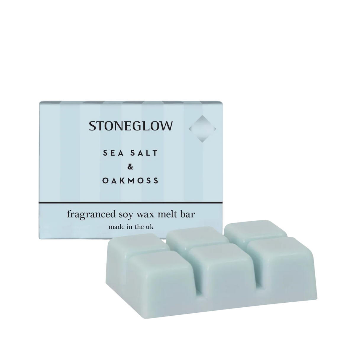 Stoneglow sea salt and oakmoss fragranced soy wax melt bar packaging on a white background