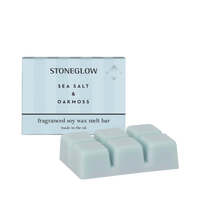 Stoneglow sea salt and oakmoss fragranced soy wax melt bar packaging on a white background
