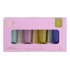 Set of 4 colourful shot glasses in a pink box with 'here's how' branding.