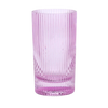 Pink glass tumbler with ribbed texture on a white background
