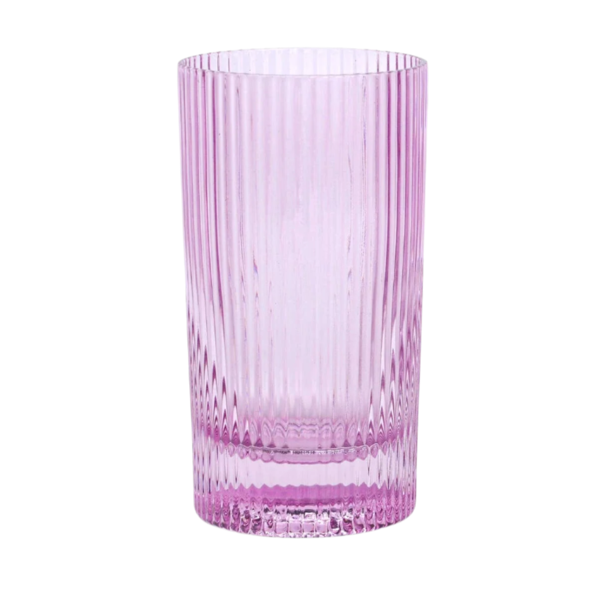 Pink glass tumbler with ribbed texture on a white background