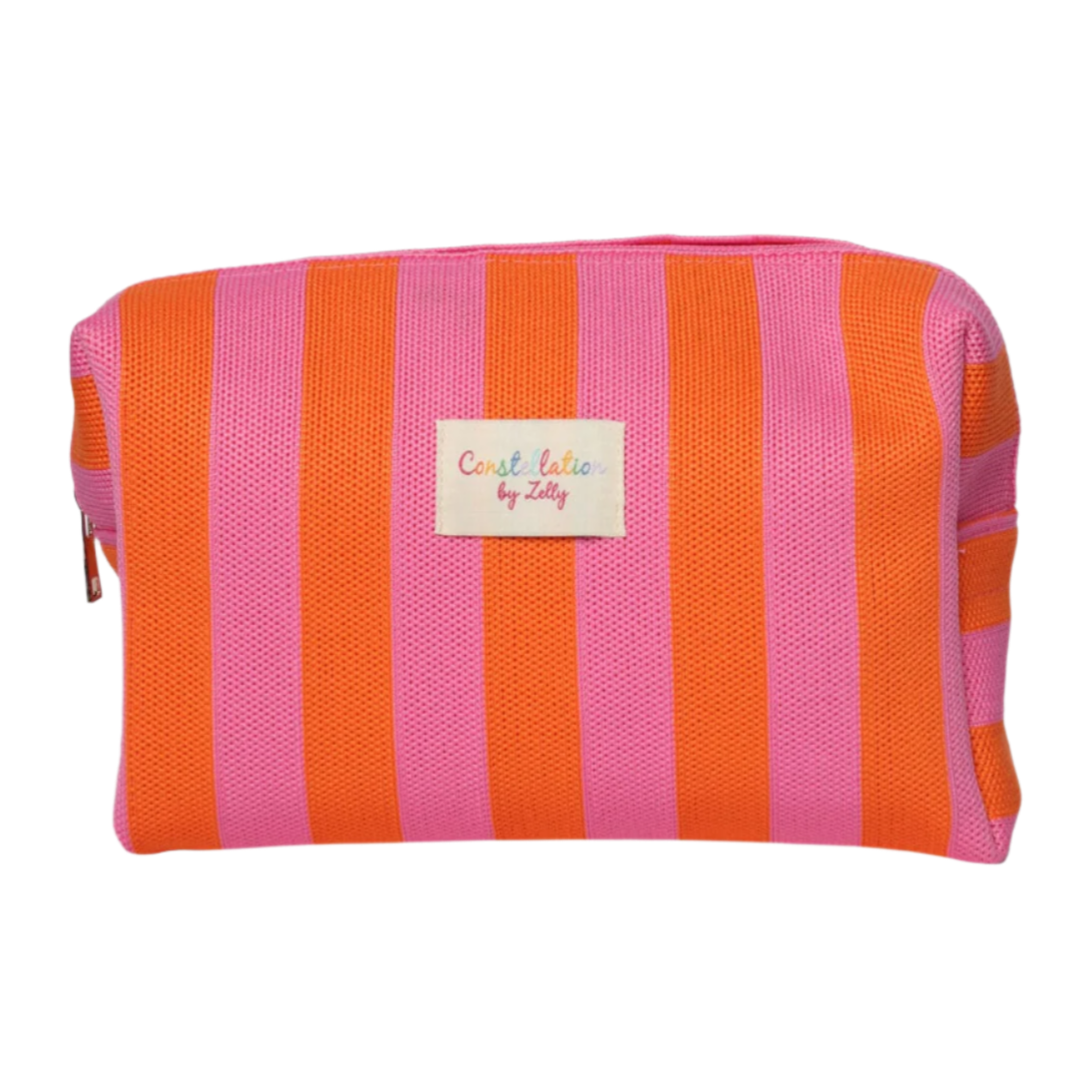 Pink and orange striped pouch with a visible brand label on a white background