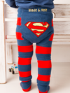 Children's leggings with Superman logo and red and blue stripes, worn by a child.