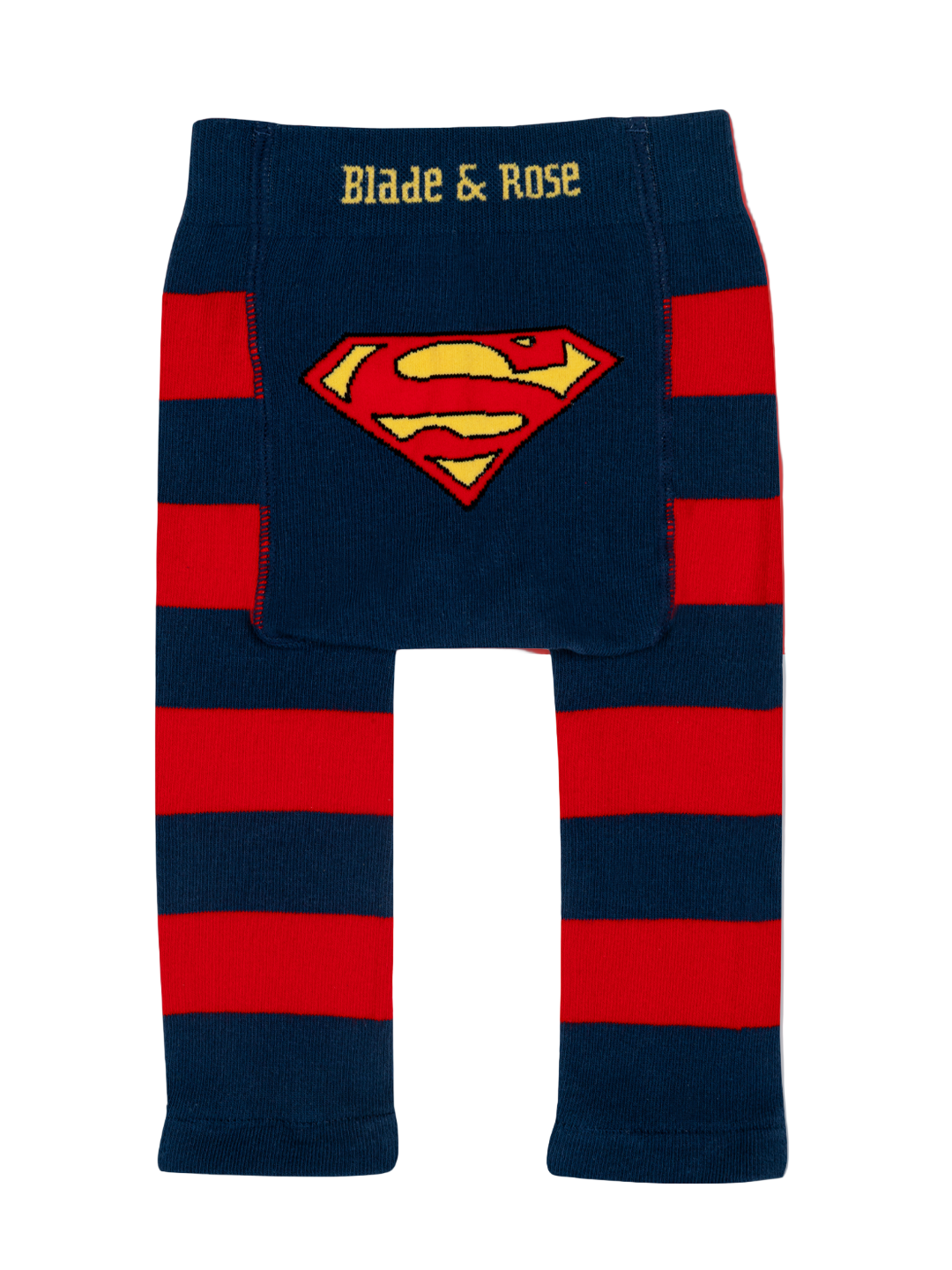 Red and blue striped leggings with Superman logo and 'Blade & Rose' branding on a white background.