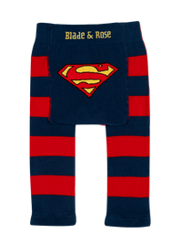 Red and blue striped leggings with Superman logo and 'Blade & Rose' branding on a white background.