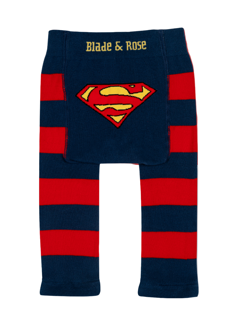 Red and blue striped leggings with Superman logo and 'Blade & Rose' branding on a white background.