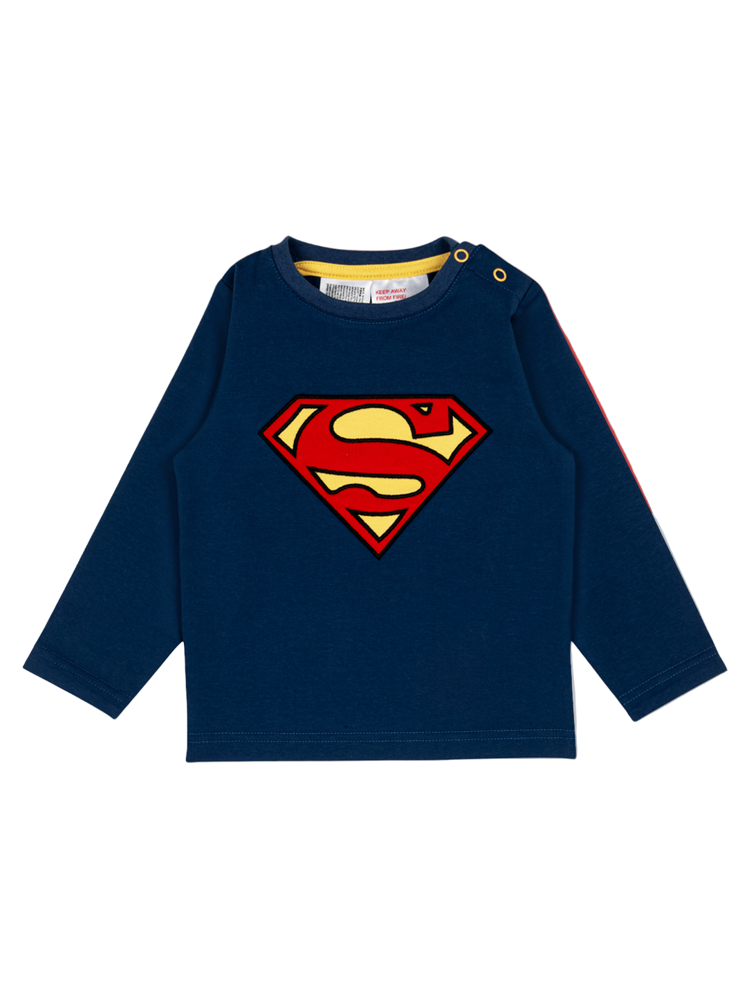Navy blue long-sleeve shirt with Superman logo on a white background