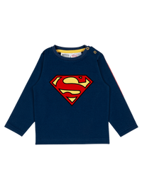 Navy blue long-sleeve shirt with Superman logo on a white background