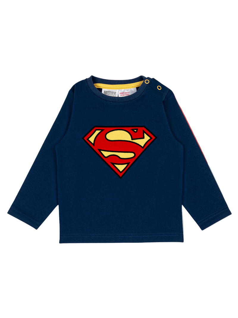 Navy blue long-sleeve shirt with Superman logo on a white background