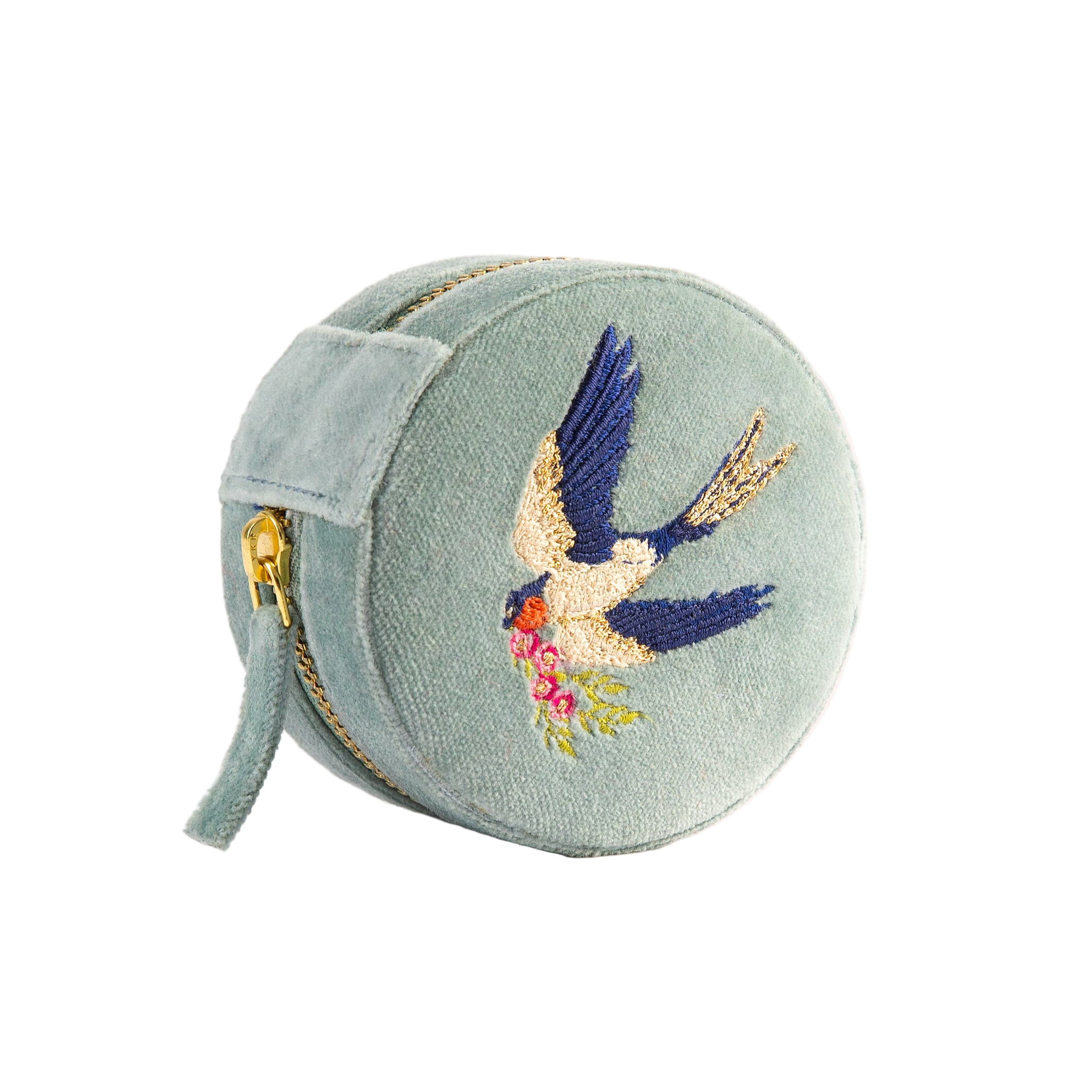 Round embroidered purse with a bird design on a light green background