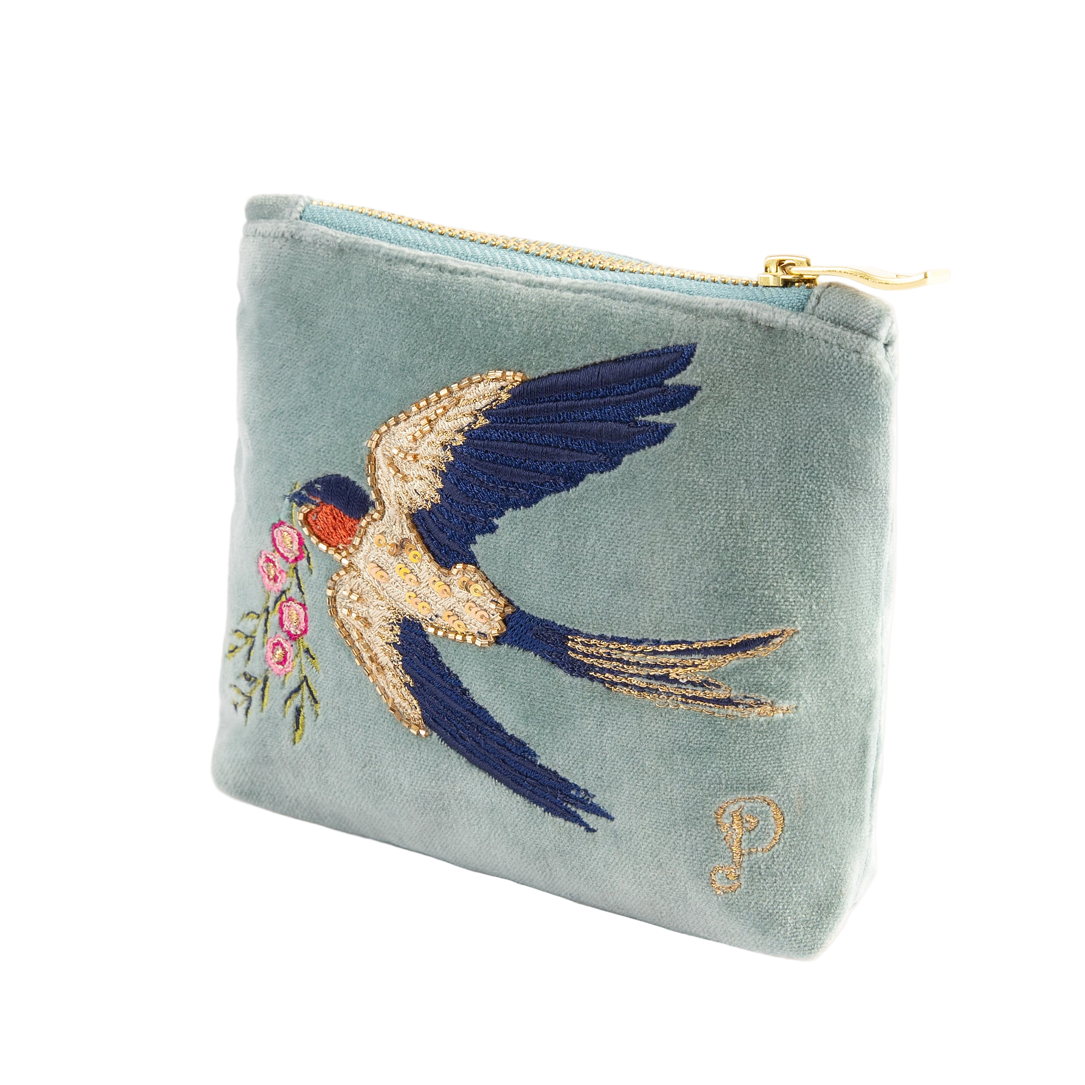 Swallows Embroidered Velvet Mini Pouch - Powder