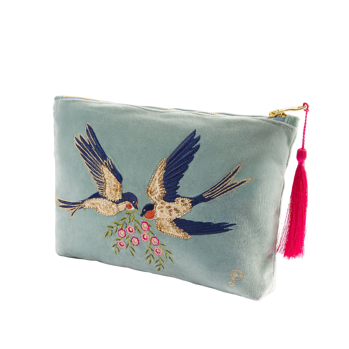 Light blue pouch with embroidered birds and a pink tassel on a white background