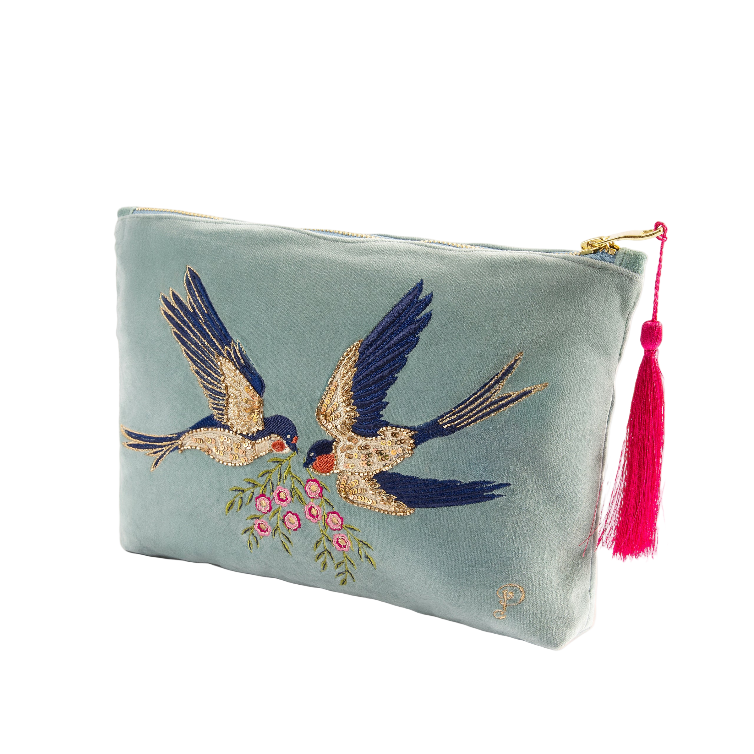 Light blue pouch with embroidered birds and a pink tassel on a white background