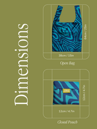 Dimensions of a blue zebra-patterned bag on a green background