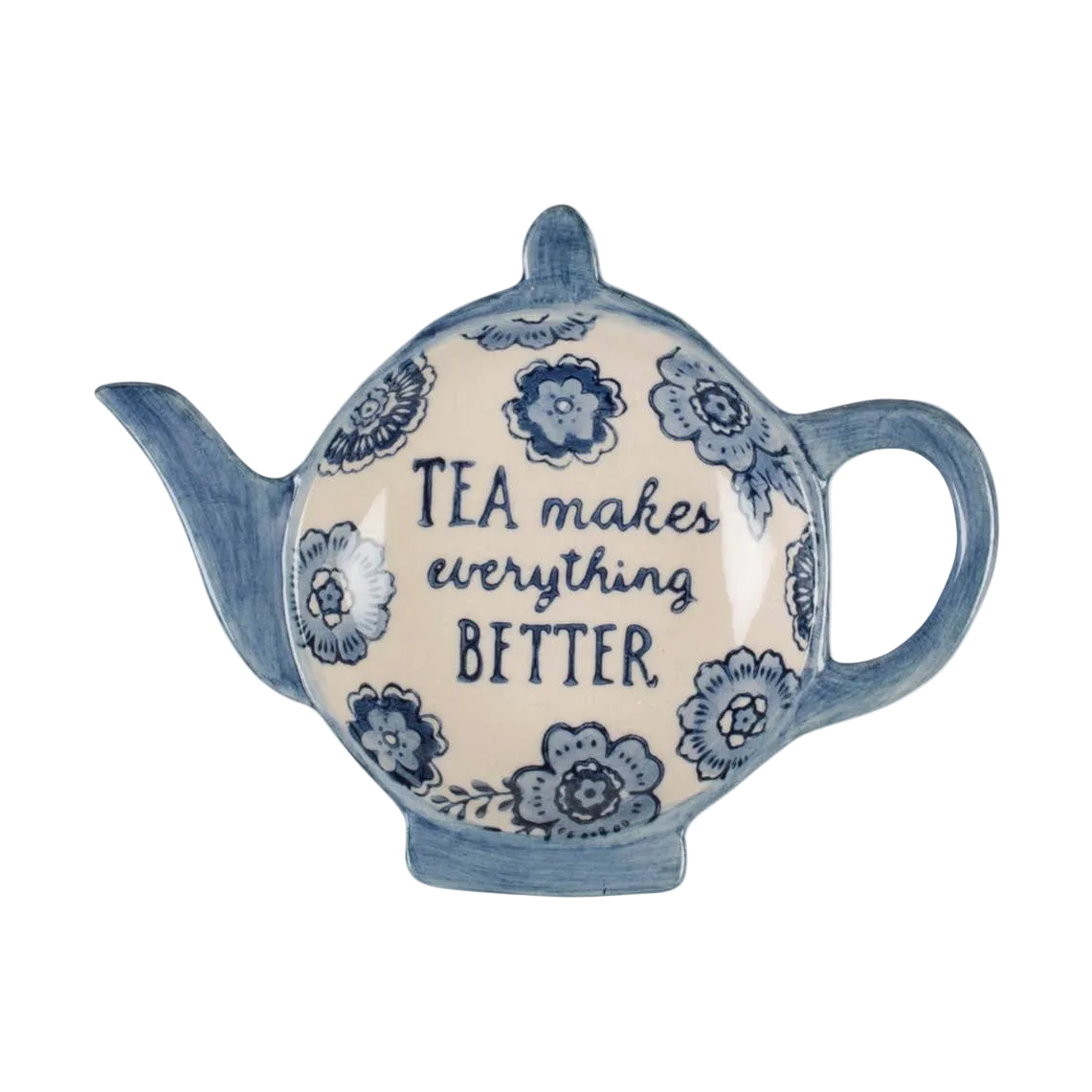 Ceramic teapot teabag dish with floral design and 'TEA makes everything BETTER' text on a white background