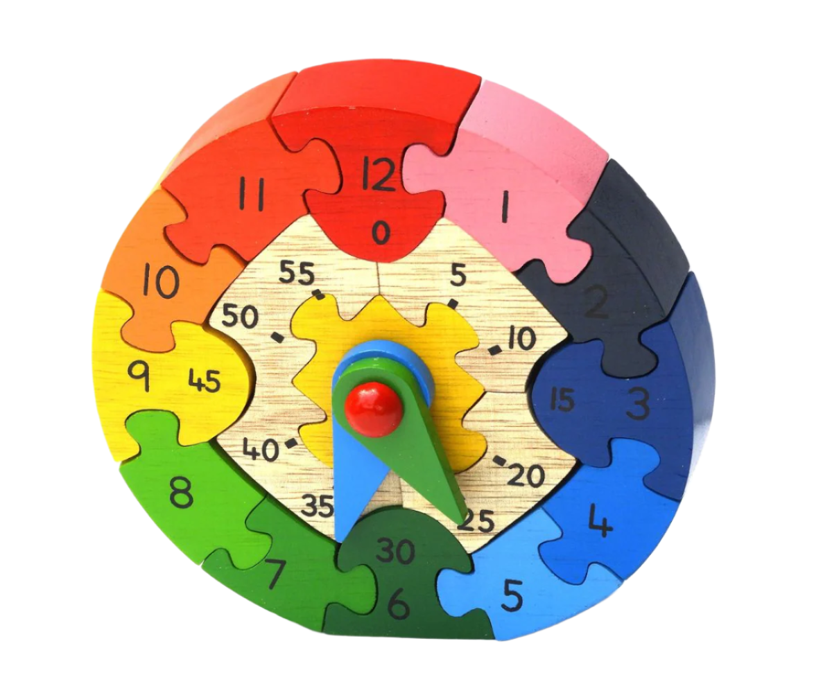 Colorful wooden puzzle clock with gears on a white background