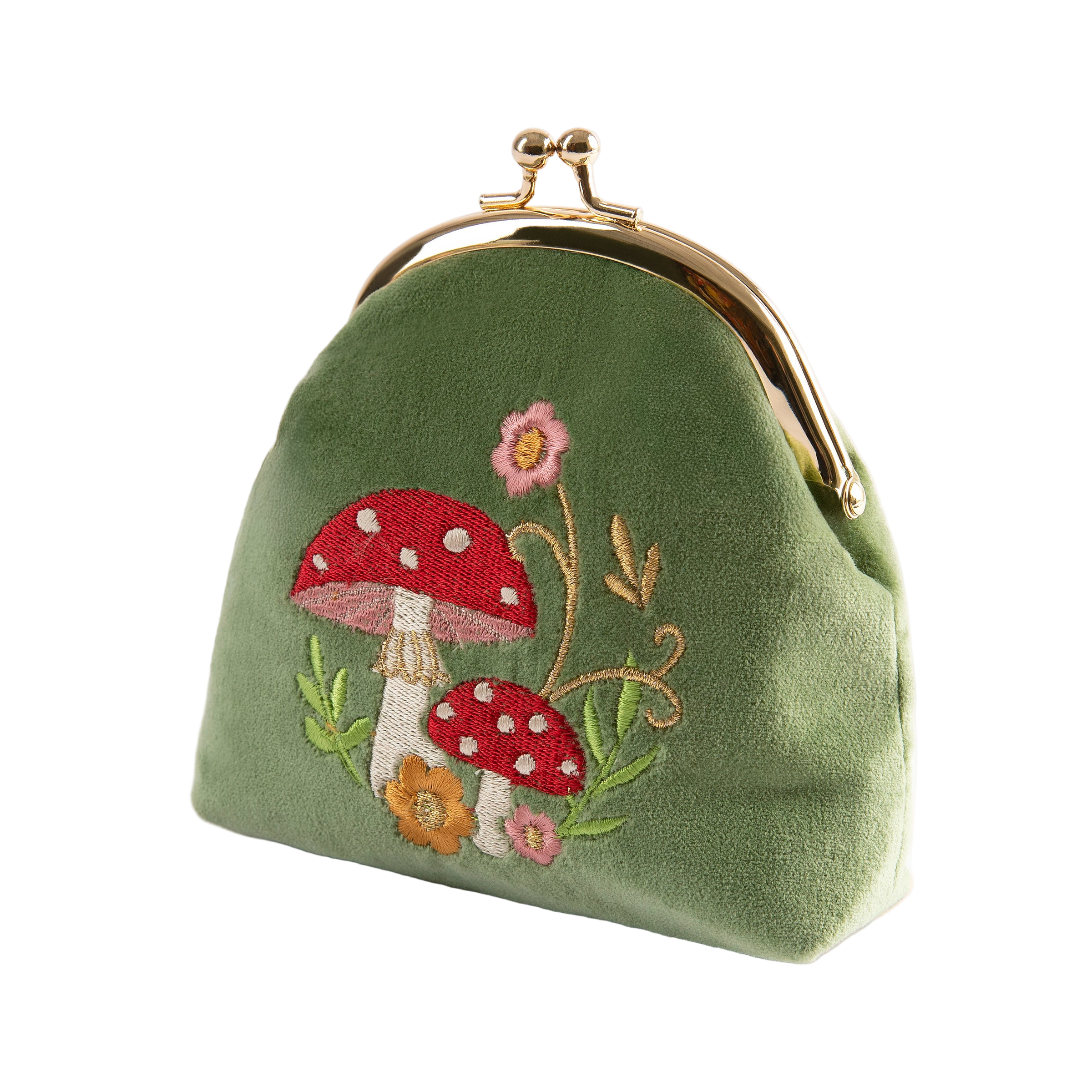 Green fabric pouch with embroidered mushrooms and flowers on a white background