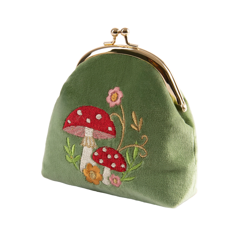 Green fabric pouch with embroidered mushrooms and flowers on a white background