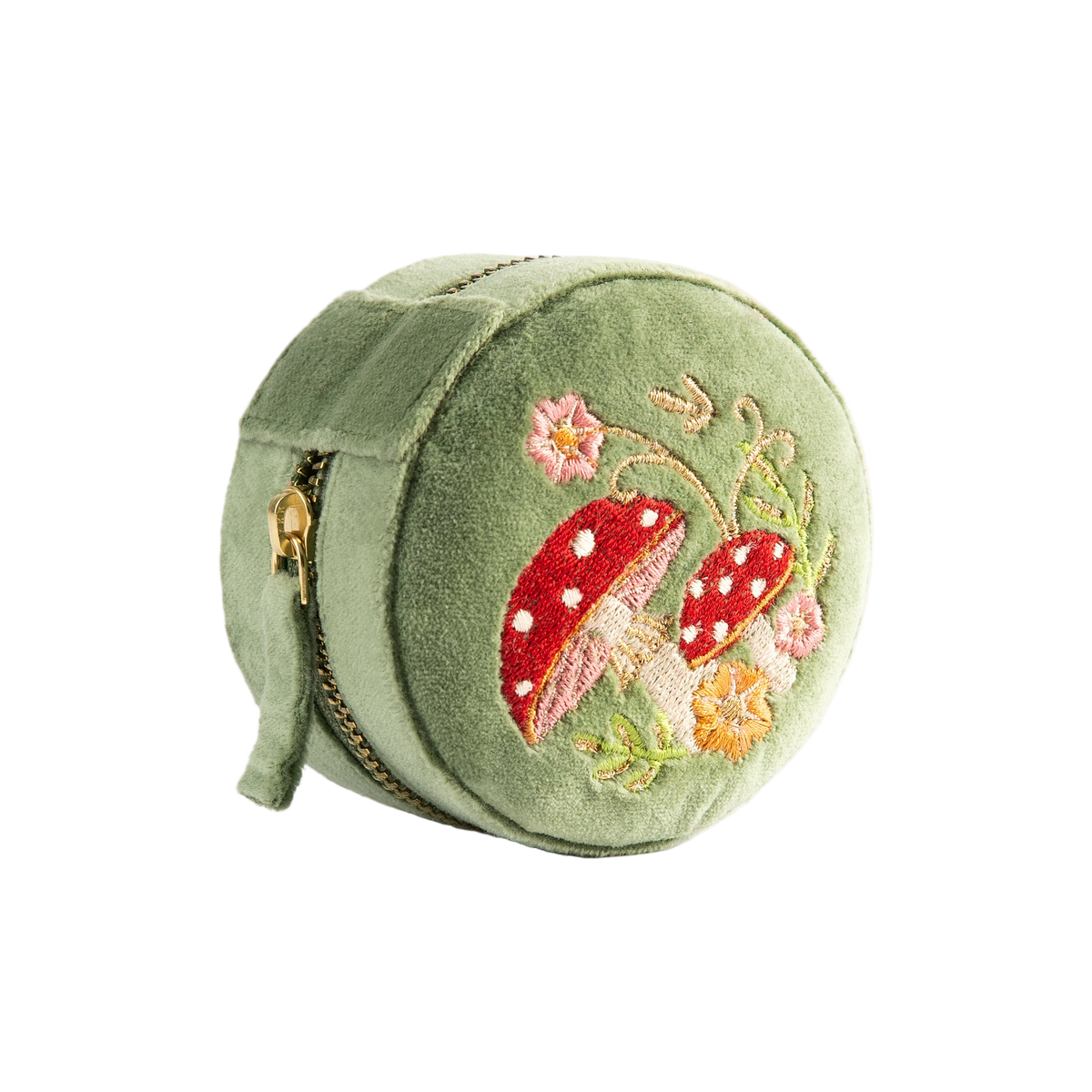 Round green embroidered pouch with mushrooms and flowers on a white background