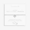 Silver bracelet on white card which says "a little treasured friend" sentiment