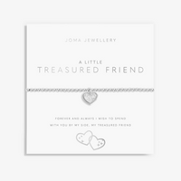 Silver bracelet on white card which says "a little treasured friend" sentiment