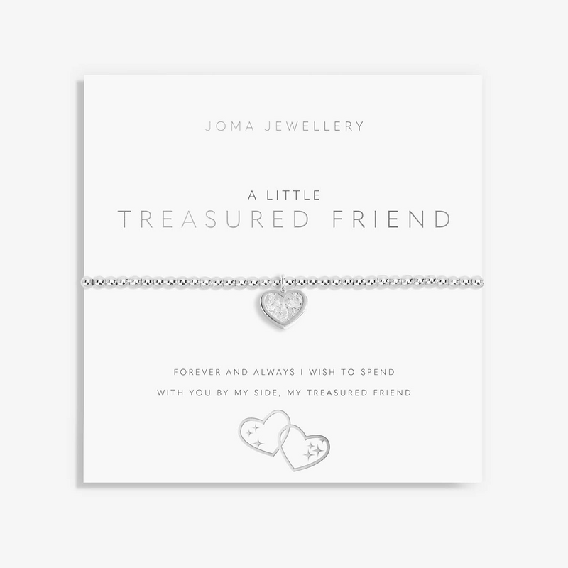 Silver bracelet on white card which says "a little treasured friend" sentiment