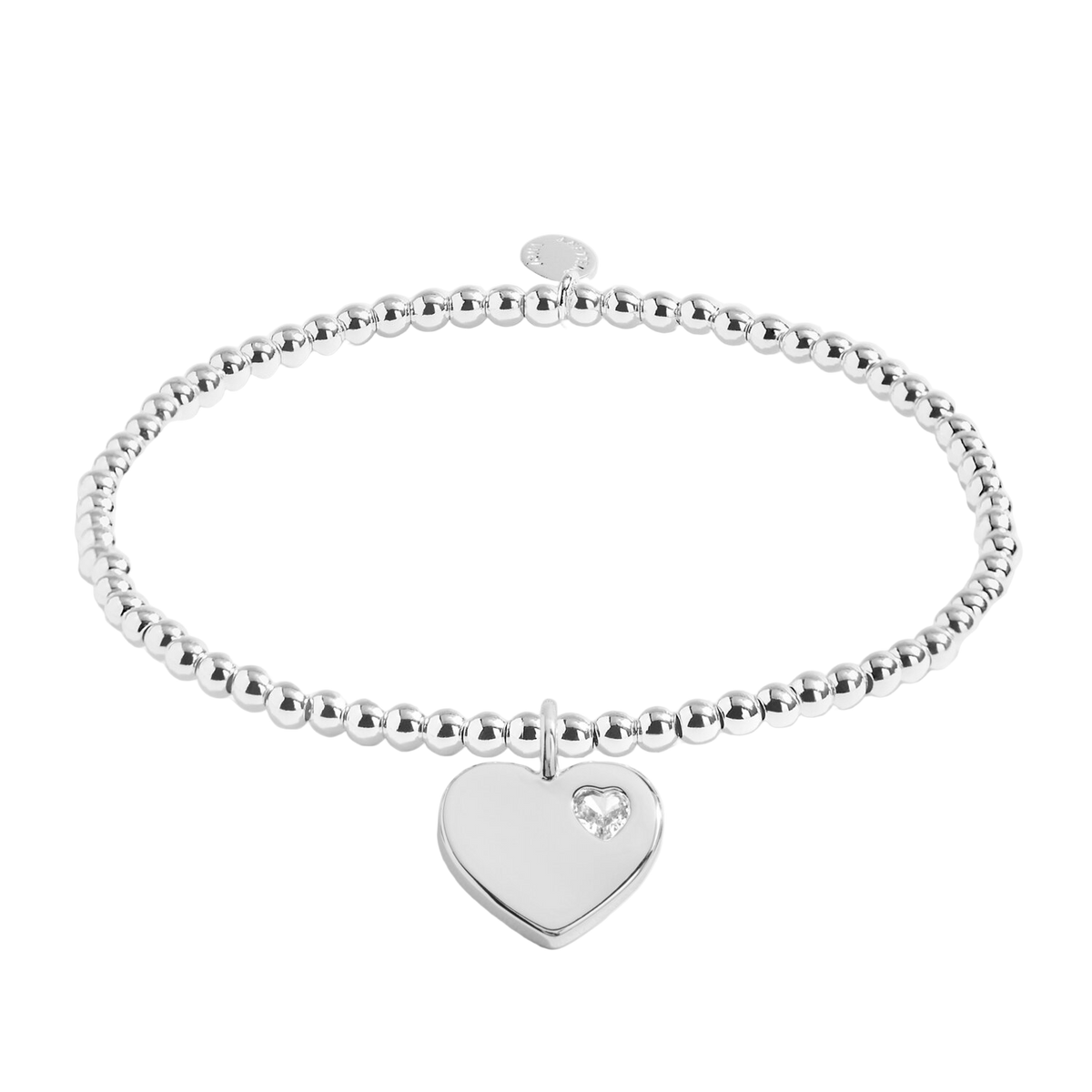 Silver bracelet with a heart-shaped tag on a white background