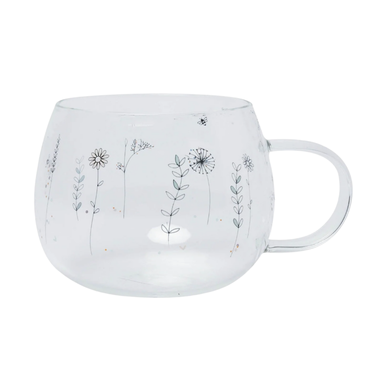 Glass mug with floral designs on a white background