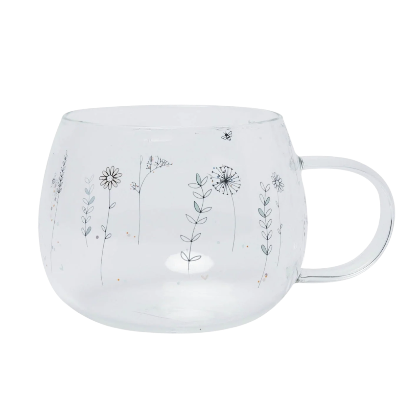 Glass mug with floral designs on a white background