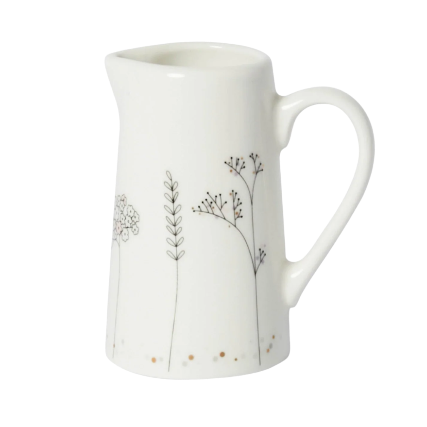 White ceramic pitcher with floral designs on a white background