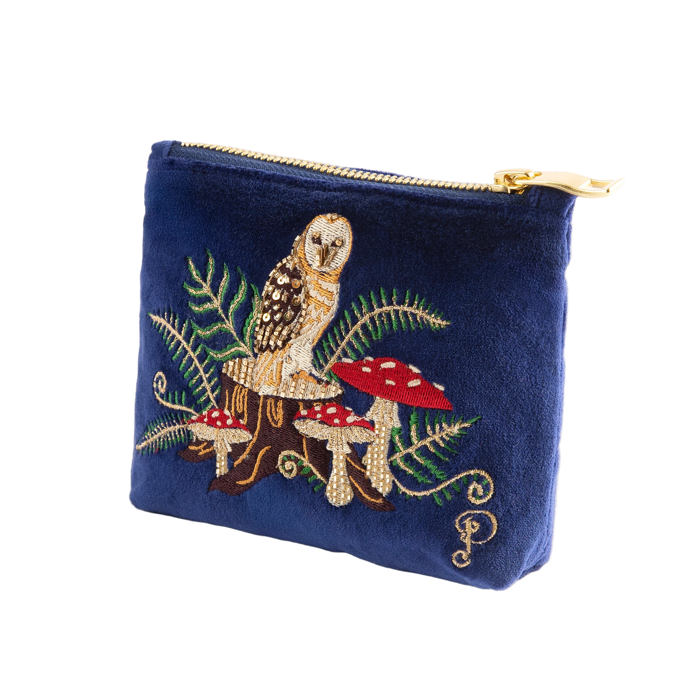 Navy blue pouch with owl and mushroom design on a white background