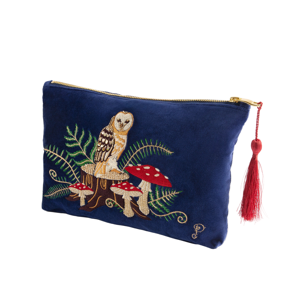 Embroidered pouch with owl design on a white background