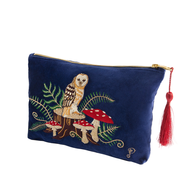 Embroidered pouch with owl design on a white background
